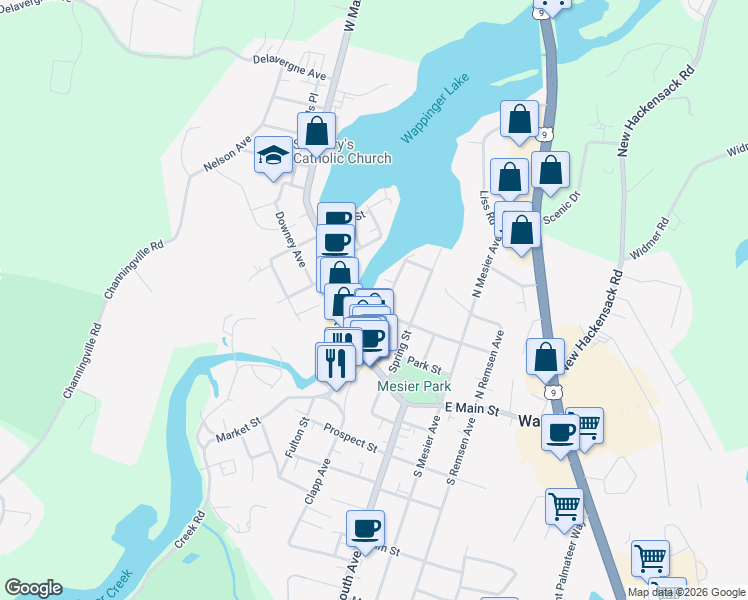 map of restaurants, bars, coffee shops, grocery stores, and more near 31 Mill Street in Wappingers Falls