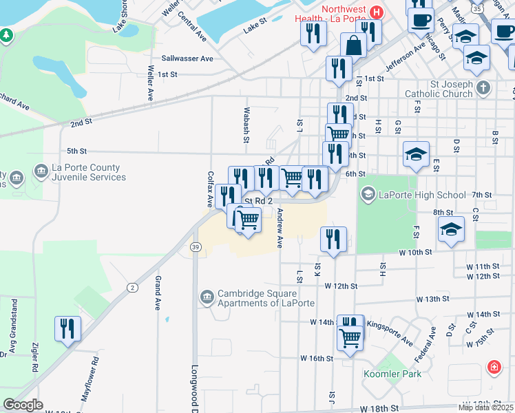 map of restaurants, bars, coffee shops, grocery stores, and more near 1434-1530 West State Road 2 in La Porte