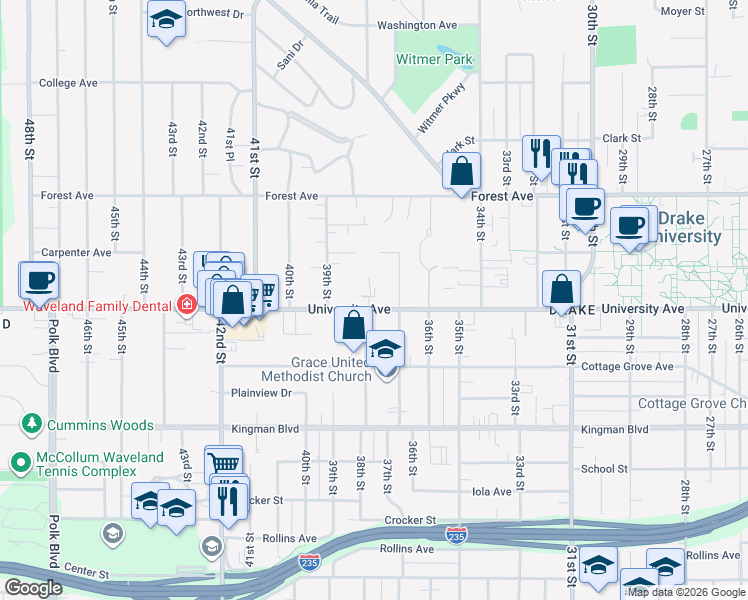 map of restaurants, bars, coffee shops, grocery stores, and more near 3725 University Avenue in Des Moines