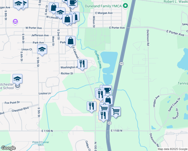 map of restaurants, bars, coffee shops, grocery stores, and more near 119 Scarborough Court in Chesterton
