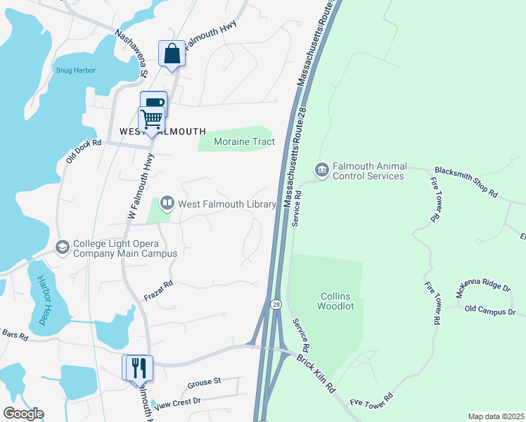 map of restaurants, bars, coffee shops, grocery stores, and more near 10 Telegraph Hill Road in Falmouth