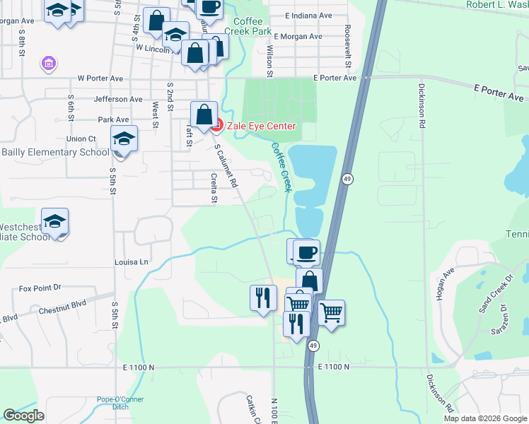 map of restaurants, bars, coffee shops, grocery stores, and more near 119 Scarborough Court in Chesterton