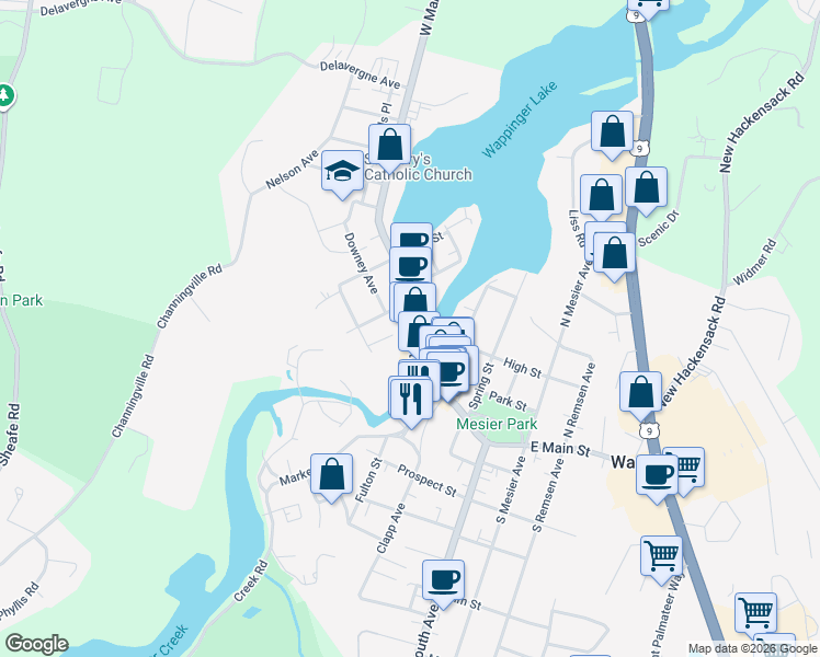map of restaurants, bars, coffee shops, grocery stores, and more near 2694 West Main Street in Wappingers Falls