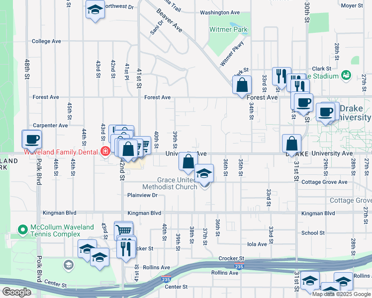 map of restaurants, bars, coffee shops, grocery stores, and more near 3821 University Avenue in Des Moines