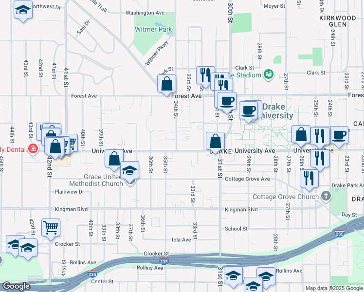 map of restaurants, bars, coffee shops, grocery stores, and more near 1215 34th Street in Des Moines