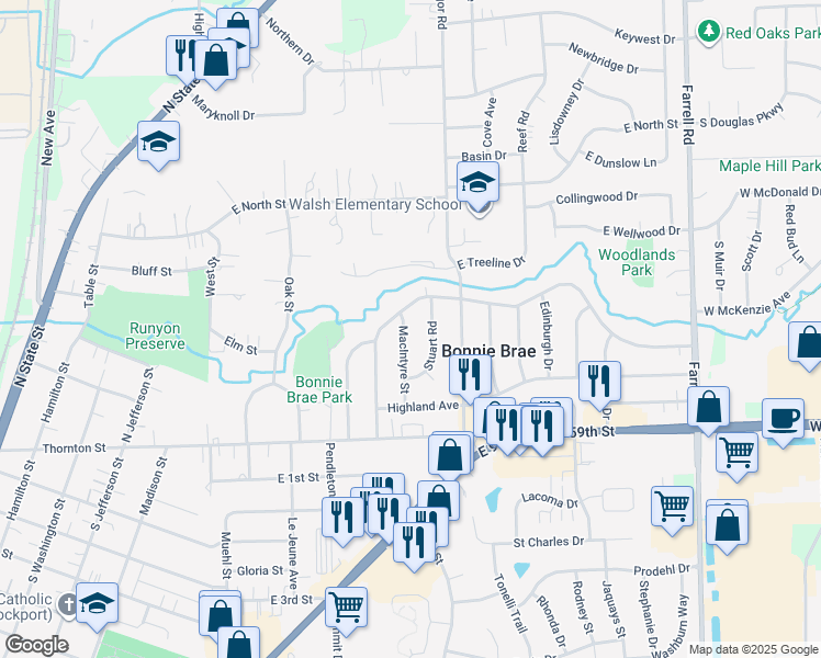 map of restaurants, bars, coffee shops, grocery stores, and more near 316 MacIntyre Street in Lockport