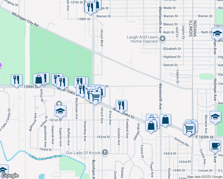 map of restaurants, bars, coffee shops, grocery stores, and more near 313 159th Street in Calumet City