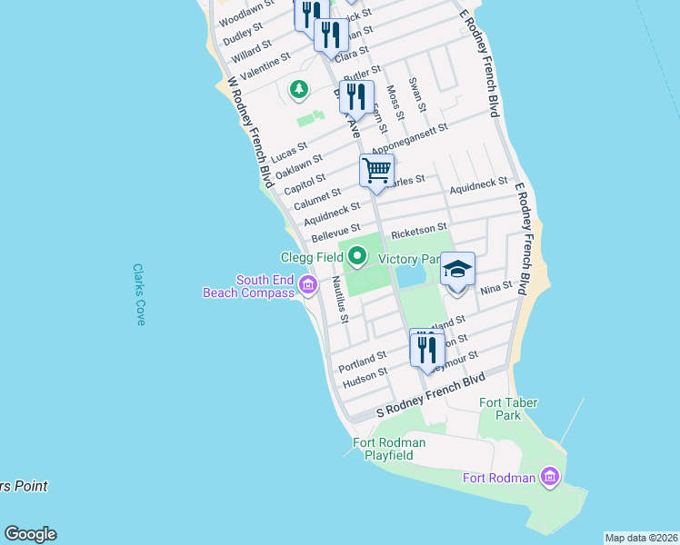map of restaurants, bars, coffee shops, grocery stores, and more near 108 Nautilus Street in New Bedford