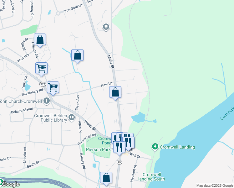 map of restaurants, bars, coffee shops, grocery stores, and more near 389 Main Street in Cromwell