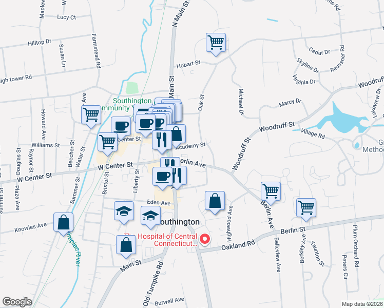 map of restaurants, bars, coffee shops, grocery stores, and more near 62 Academy Street in Southington