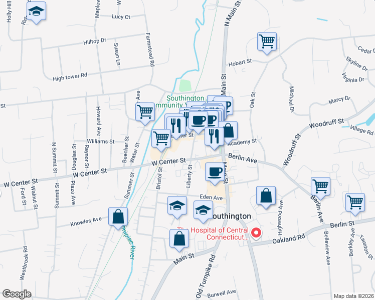 map of restaurants, bars, coffee shops, grocery stores, and more near 31 Liberty Street in Southington