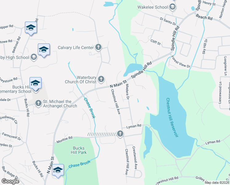 map of restaurants, bars, coffee shops, grocery stores, and more near 495 Chestnut Hill Avenue in Waterbury