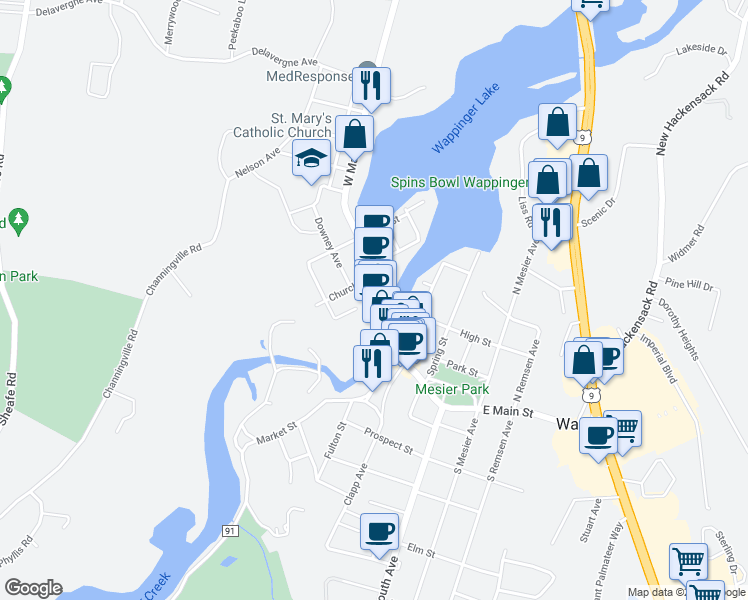 map of restaurants, bars, coffee shops, grocery stores, and more near 2694 West Main Street in Wappingers Falls