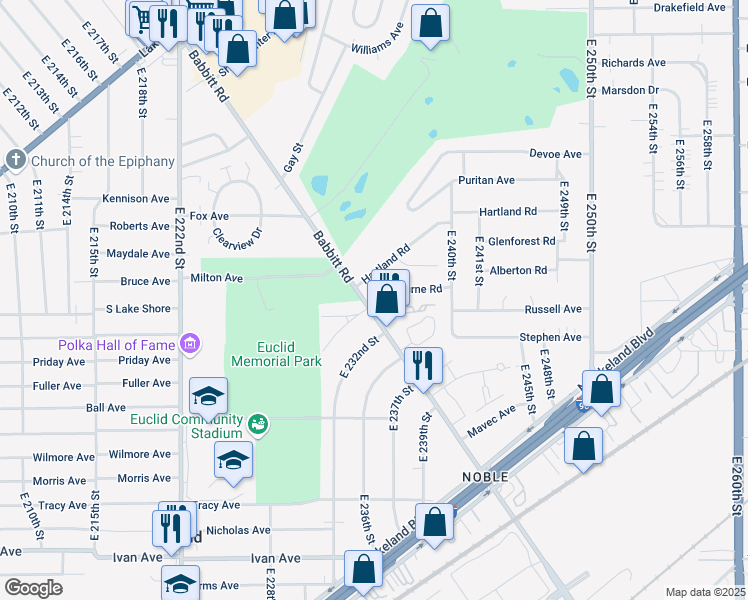 map of restaurants, bars, coffee shops, grocery stores, and more near 651 Babbitt Road in Euclid