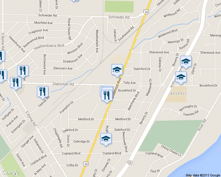 map of restaurants, bars, coffee shops, grocery stores, and more near 3605 Rugby Drive in Toledo