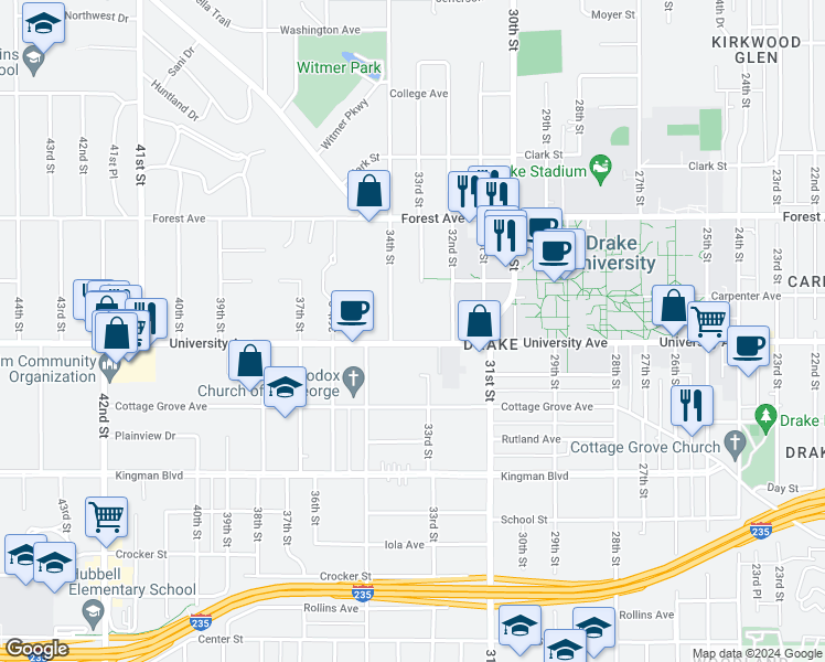 map of restaurants, bars, coffee shops, grocery stores, and more near 1215 34th Street in Des Moines