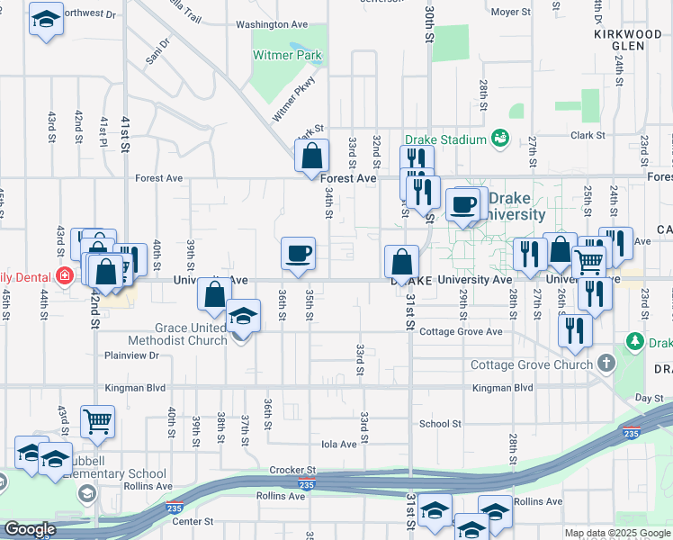 map of restaurants, bars, coffee shops, grocery stores, and more near 1215 34th Street in Des Moines