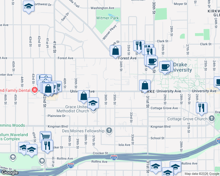 map of restaurants, bars, coffee shops, grocery stores, and more near 3501 University Avenue in Des Moines