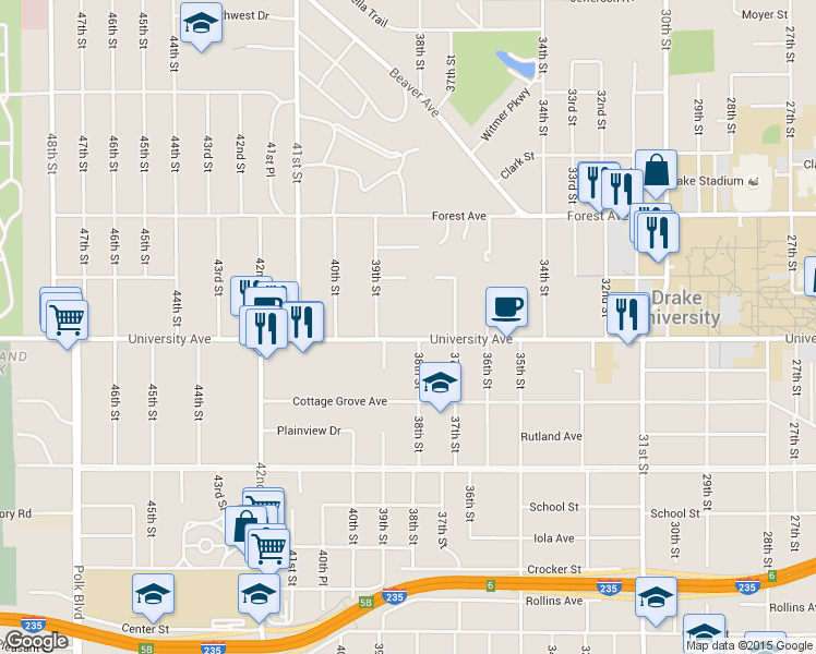 map of restaurants, bars, coffee shops, grocery stores, and more near 3821 University Avenue in Des Moines