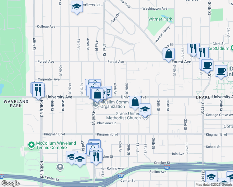 map of restaurants, bars, coffee shops, grocery stores, and more near 1216 40th Street in Des Moines