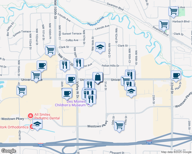 map of restaurants, bars, coffee shops, grocery stores, and more near 9503 University Avenue in Clive