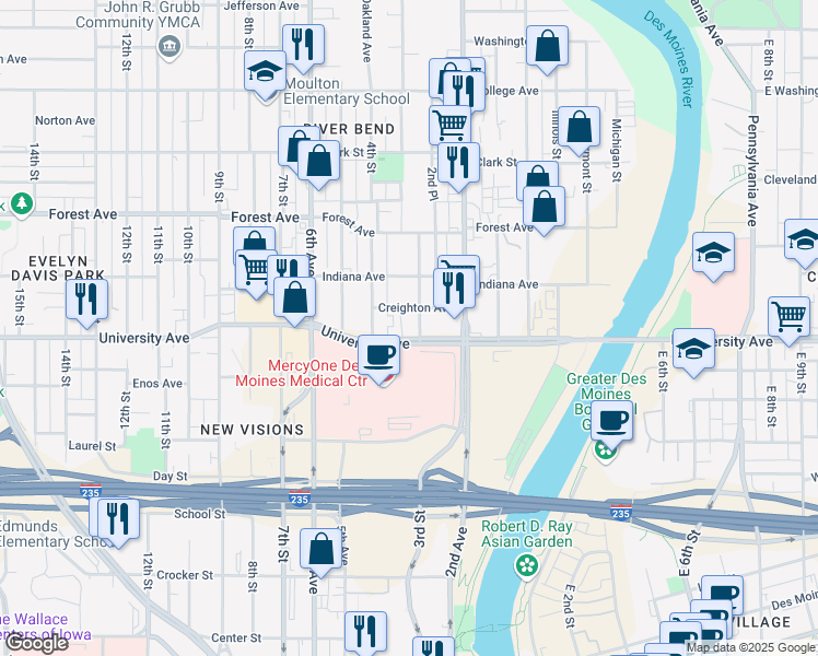 map of restaurants, bars, coffee shops, grocery stores, and more near 320 Creighton Avenue in Des Moines