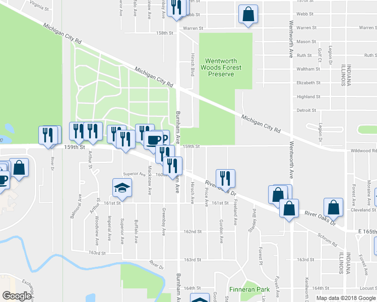 map of restaurants, bars, coffee shops, grocery stores, and more near 1200 Hirsch Avenue in Calumet City