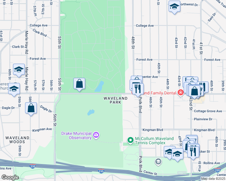 map of restaurants, bars, coffee shops, grocery stores, and more near 4909 University Avenue in Des Moines