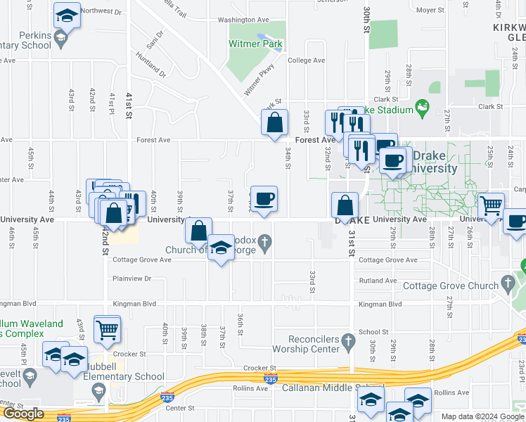 map of restaurants, bars, coffee shops, grocery stores, and more near 3517 University Avenue in Des Moines