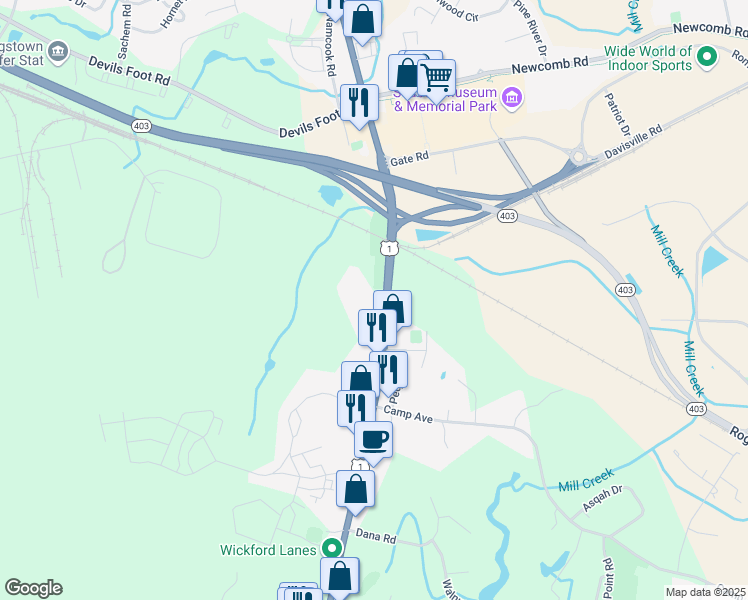 map of restaurants, bars, coffee shops, grocery stores, and more near 7255 Post Road in North Kingstown