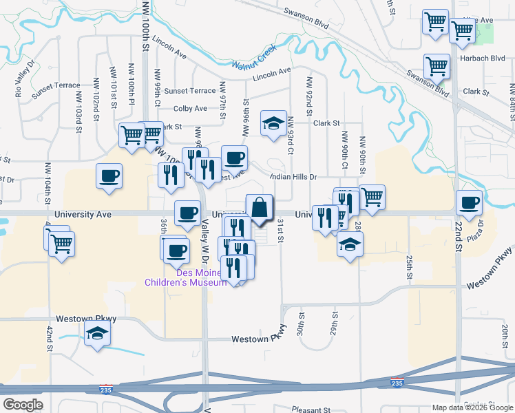 map of restaurants, bars, coffee shops, grocery stores, and more near 9503 University Avenue in Clive