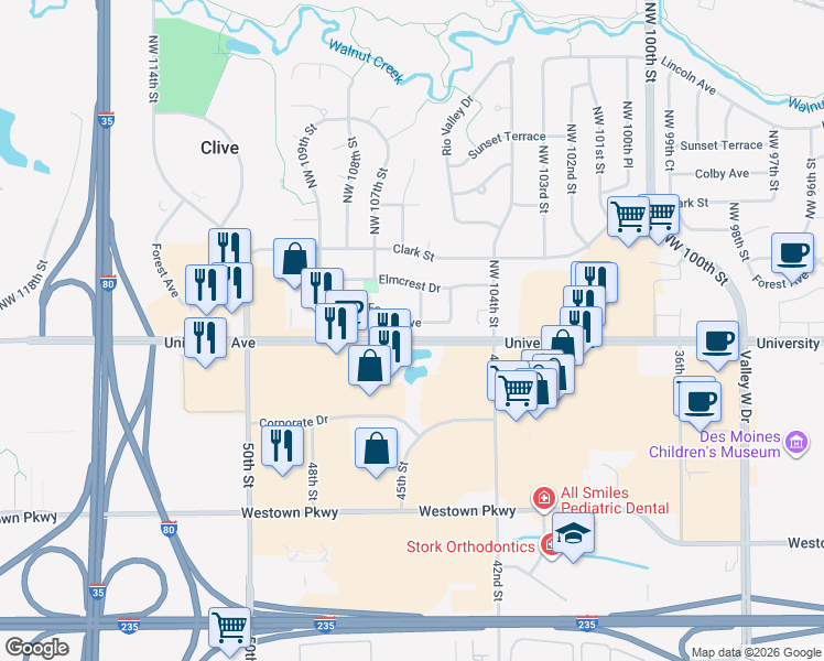 map of restaurants, bars, coffee shops, grocery stores, and more near 10596 Forest Avenue in Clive