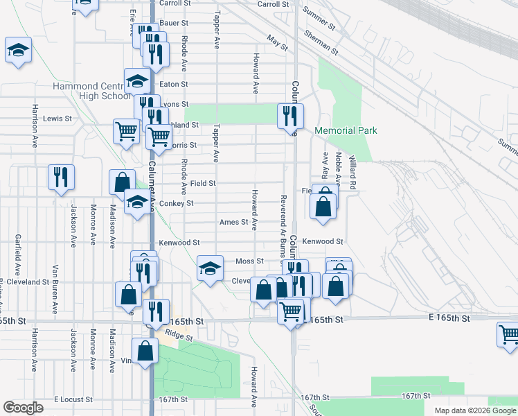 map of restaurants, bars, coffee shops, grocery stores, and more near 1104 Conkey Street in Hammond