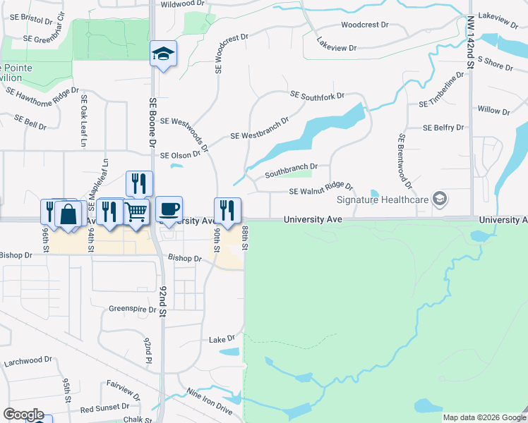 map of restaurants, bars, coffee shops, grocery stores, and more near 14625 University Avenue in Waukee