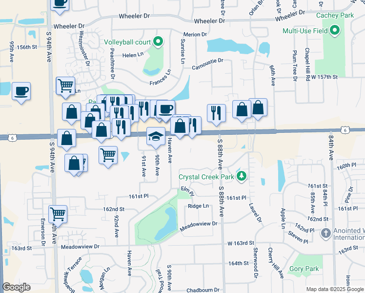 map of restaurants, bars, coffee shops, grocery stores, and more near 8915 West 159th Street in Orland Park