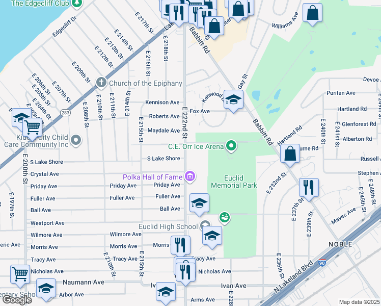 map of restaurants, bars, coffee shops, grocery stores, and more near in Euclid