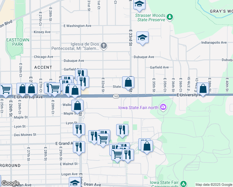 map of restaurants, bars, coffee shops, grocery stores, and more near 3240 East University Avenue in Des Moines