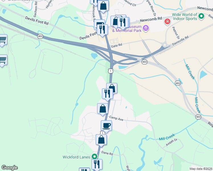 map of restaurants, bars, coffee shops, grocery stores, and more near 7255 Post Road in North Kingstown