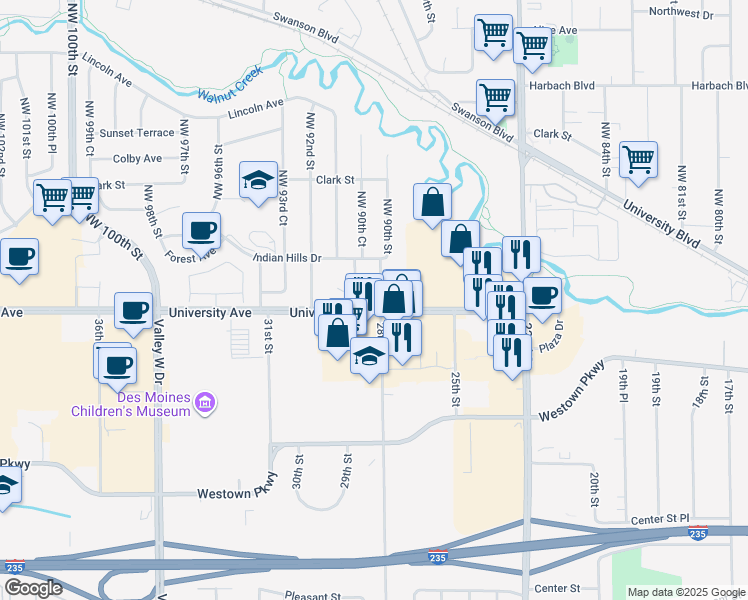 map of restaurants, bars, coffee shops, grocery stores, and more near 1228 Northwest 90th Street in Clive