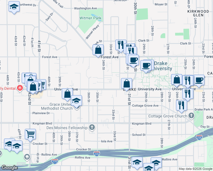 map of restaurants, bars, coffee shops, grocery stores, and more near 1215 34th Street in Des Moines