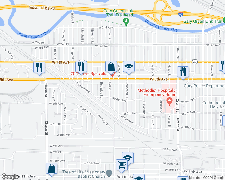 map of restaurants, bars, coffee shops, grocery stores, and more near 545 Taft Place in Gary