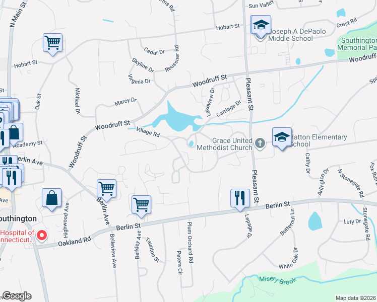 map of restaurants, bars, coffee shops, grocery stores, and more near 68 Village Road in Southington