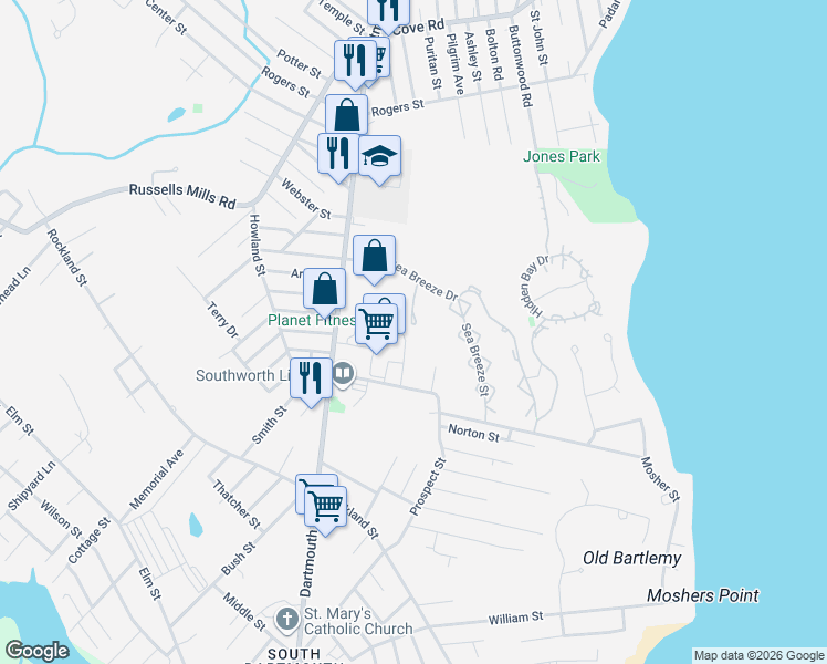 map of restaurants, bars, coffee shops, grocery stores, and more near 25A Sun and Sea Drive in Dartmouth