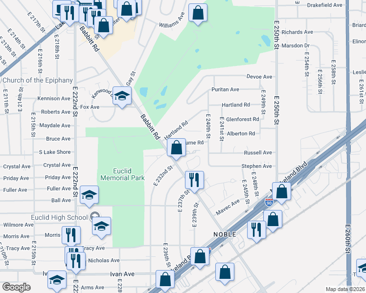 map of restaurants, bars, coffee shops, grocery stores, and more near 23660 Colbourne Road in Euclid