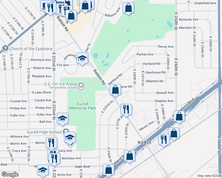 map of restaurants, bars, coffee shops, grocery stores, and more near 651 Babbitt Road in Euclid