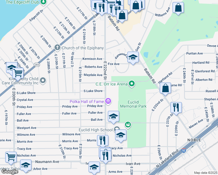 map of restaurants, bars, coffee shops, grocery stores, and more near in Euclid