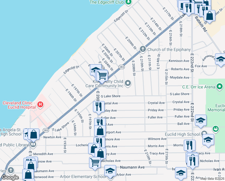 map of restaurants, bars, coffee shops, grocery stores, and more near 20220 Ardwell Drive in Euclid