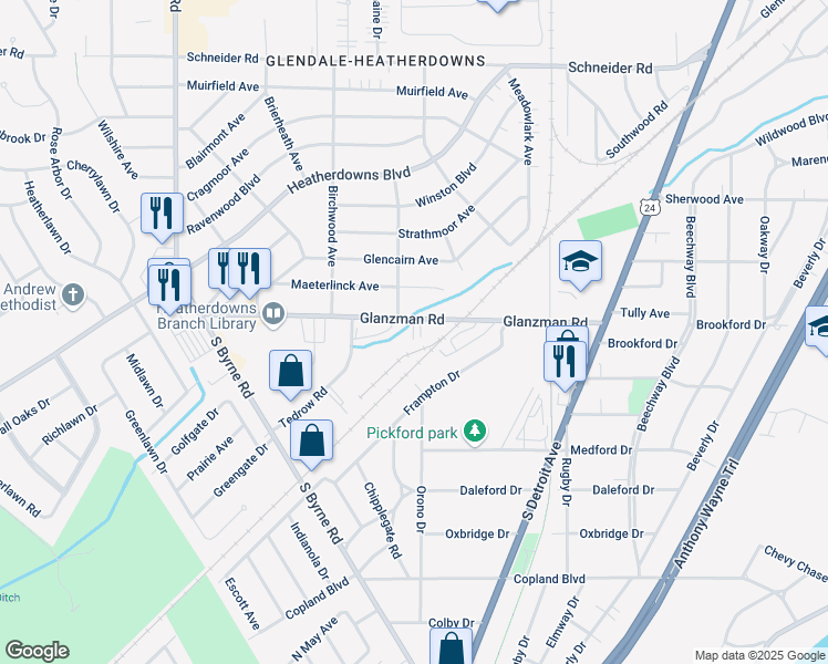 map of restaurants, bars, coffee shops, grocery stores, and more near 3015 Glanzman Road in Toledo