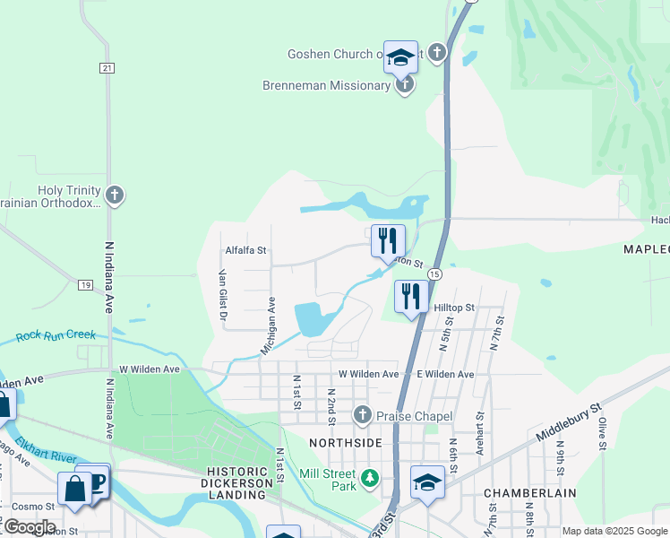 map of restaurants, bars, coffee shops, grocery stores, and more near 336 Stone Drive in Goshen