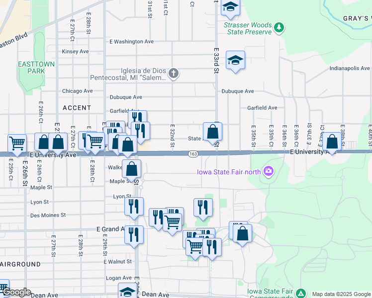 map of restaurants, bars, coffee shops, grocery stores, and more near 3240 East University Avenue in Des Moines